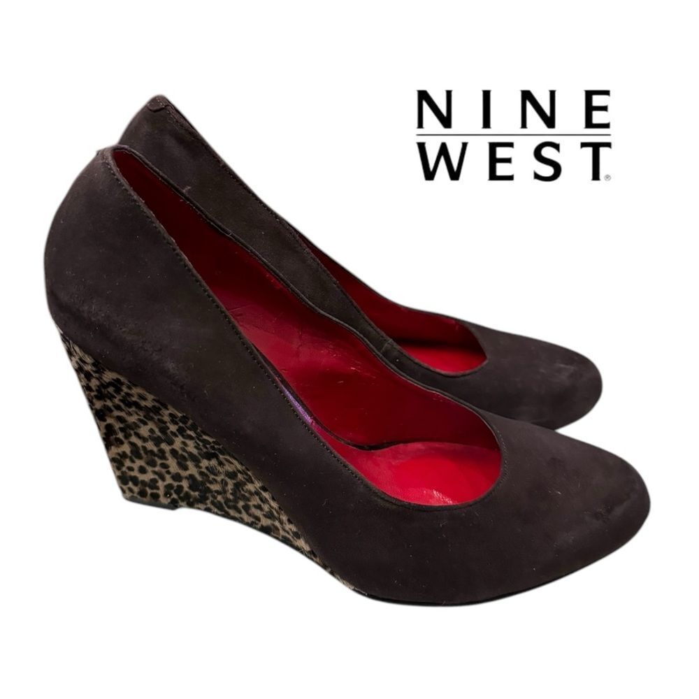 Nine West Roryo Suede Brown Leopard Calf Hair Wedge Shoes 7.5